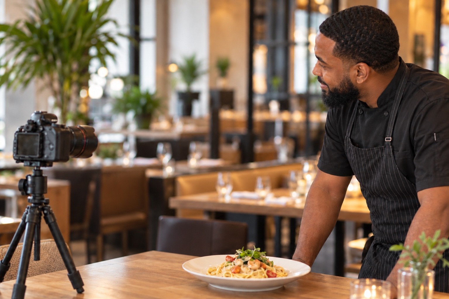 Chef preparing a restaurant dish for a professional camera — visual storytelling in action